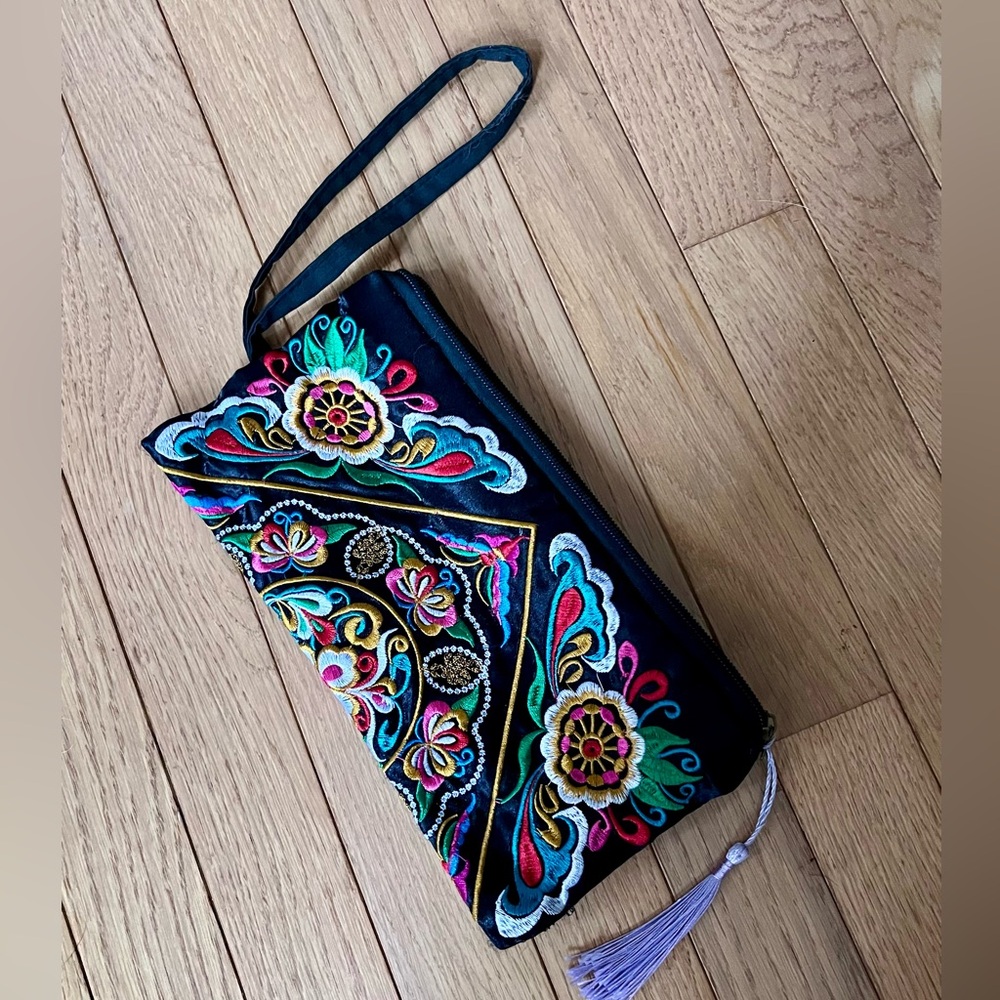 Colorful Embroidered Clutch with Wrist Strap